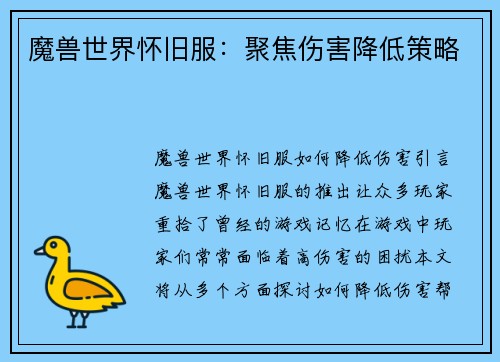 魔兽世界怀旧服：聚焦伤害降低策略